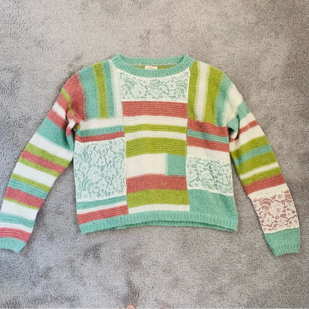 EUC ANTHRO SUNDANCE KNIT MOHAIR BLEND PATCHWORK LACE SWEATER